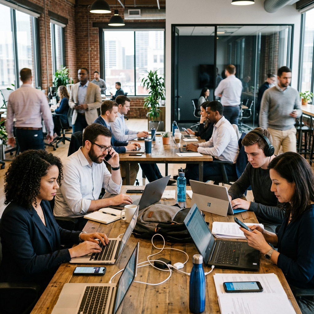 People working on laptops and mobile devices at a shared wooden table in a modern open office